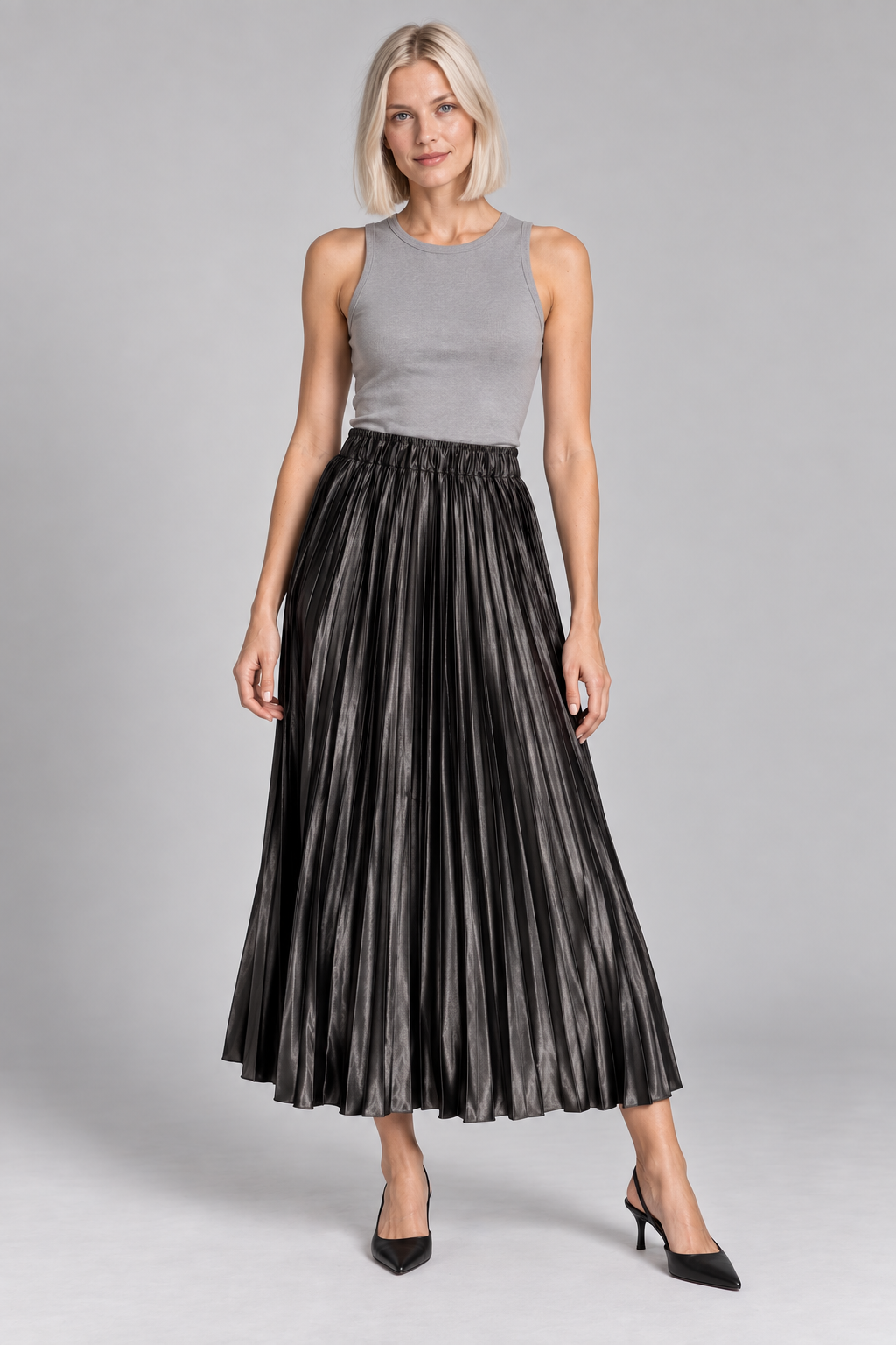Gonna Plissettata Midi in Raso Nera