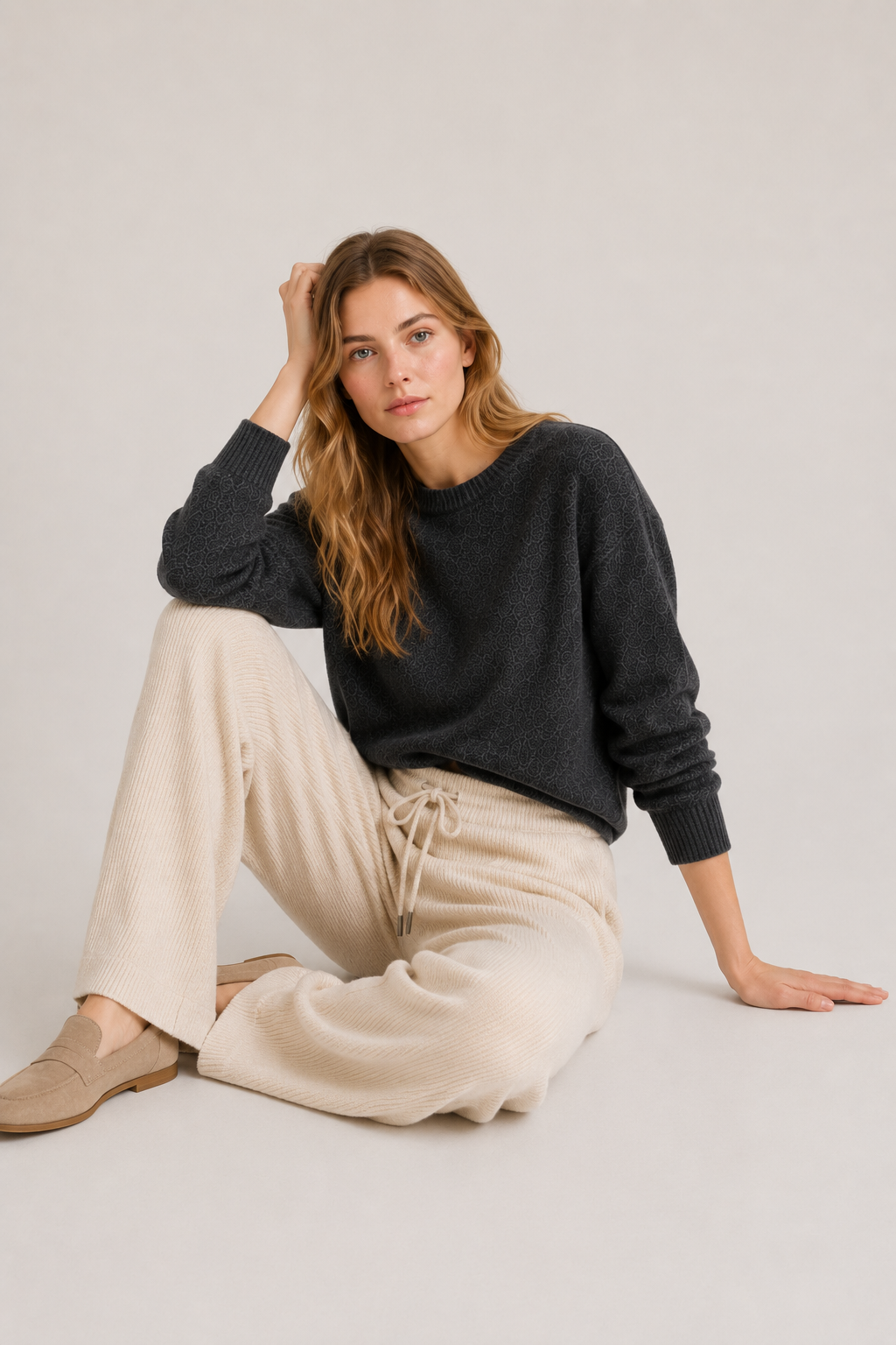 Pantaloni a Gamba Larga in Maglia Costina