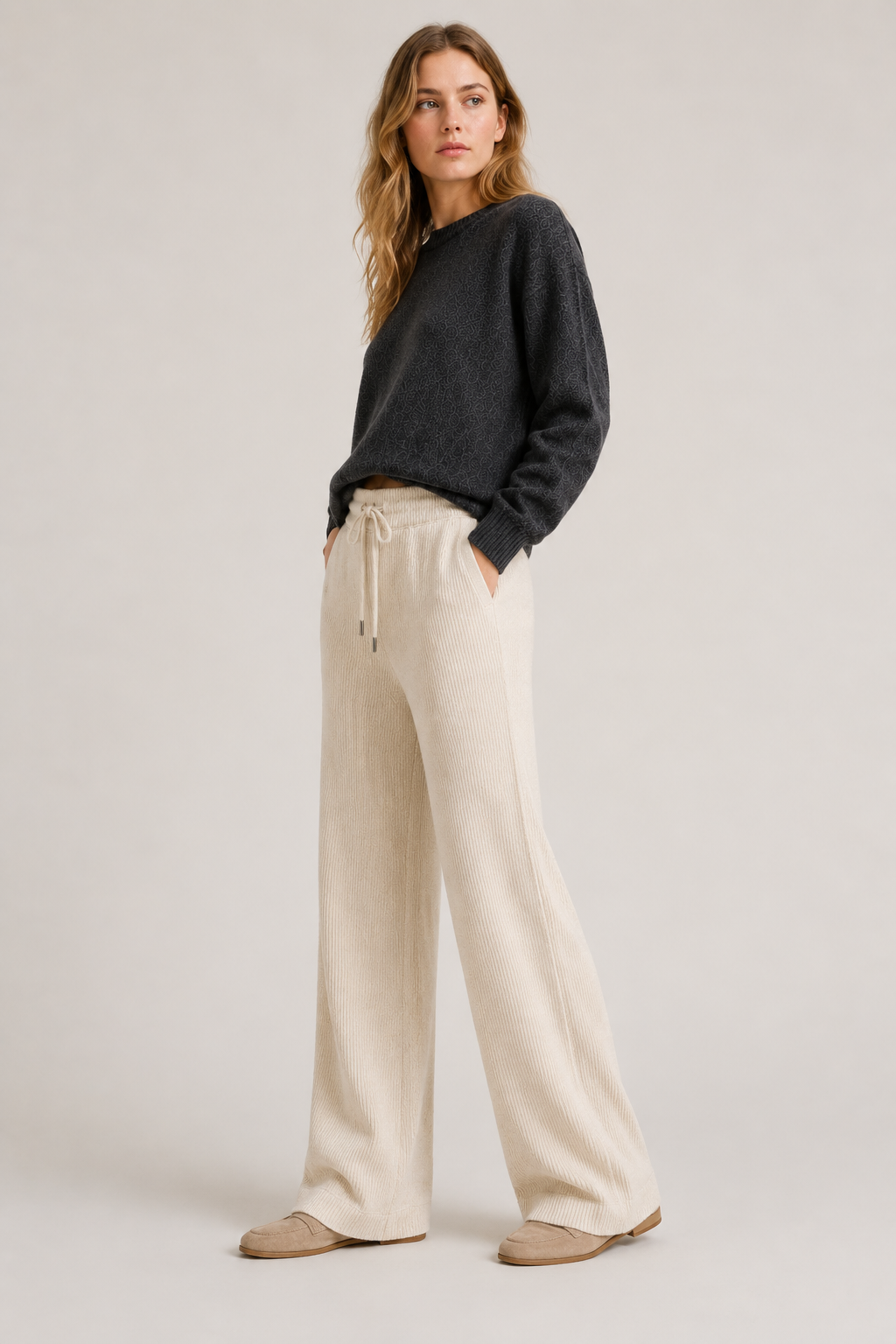 Pantaloni a Gamba Larga in Maglia Costina