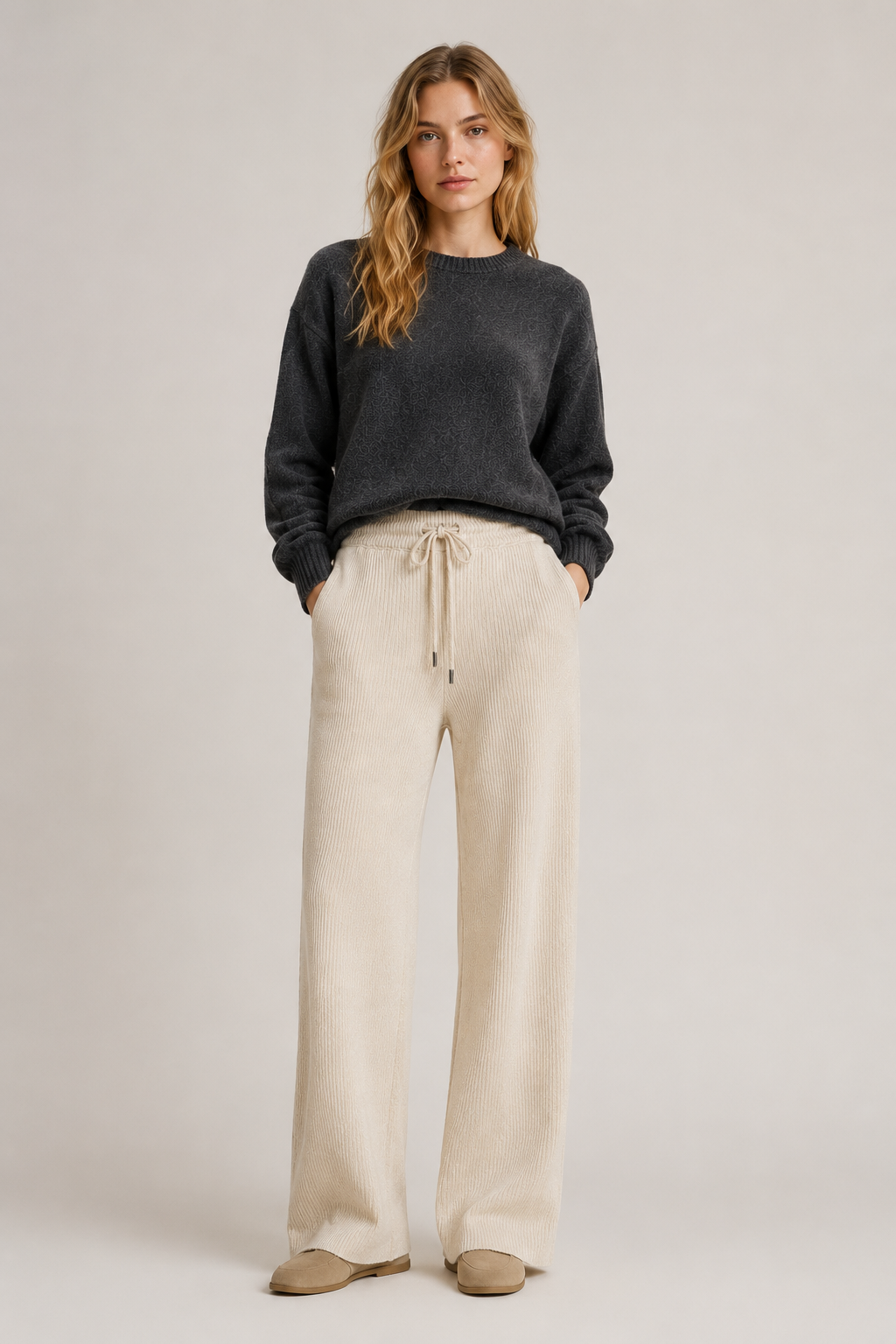 Pantaloni a Gamba Larga in Maglia Costina