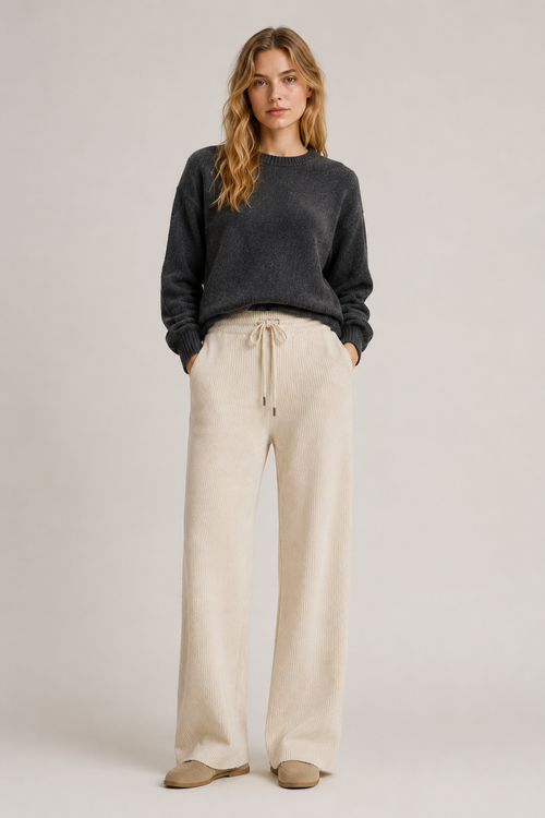 Pantaloni a Gamba Larga in Maglia Costina