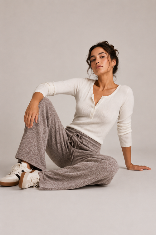Pantaloni a Gamba Larga in Maglia Costina Tortora
