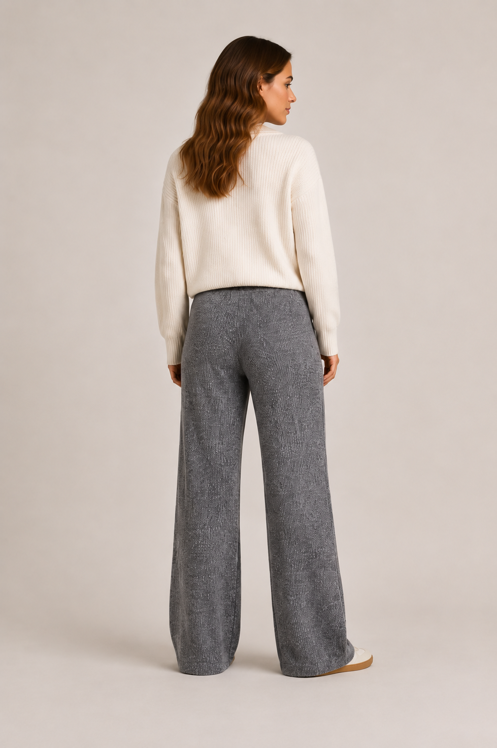 Pantaloni a Gamba Larga in Maglia Costina Grigio Antracite