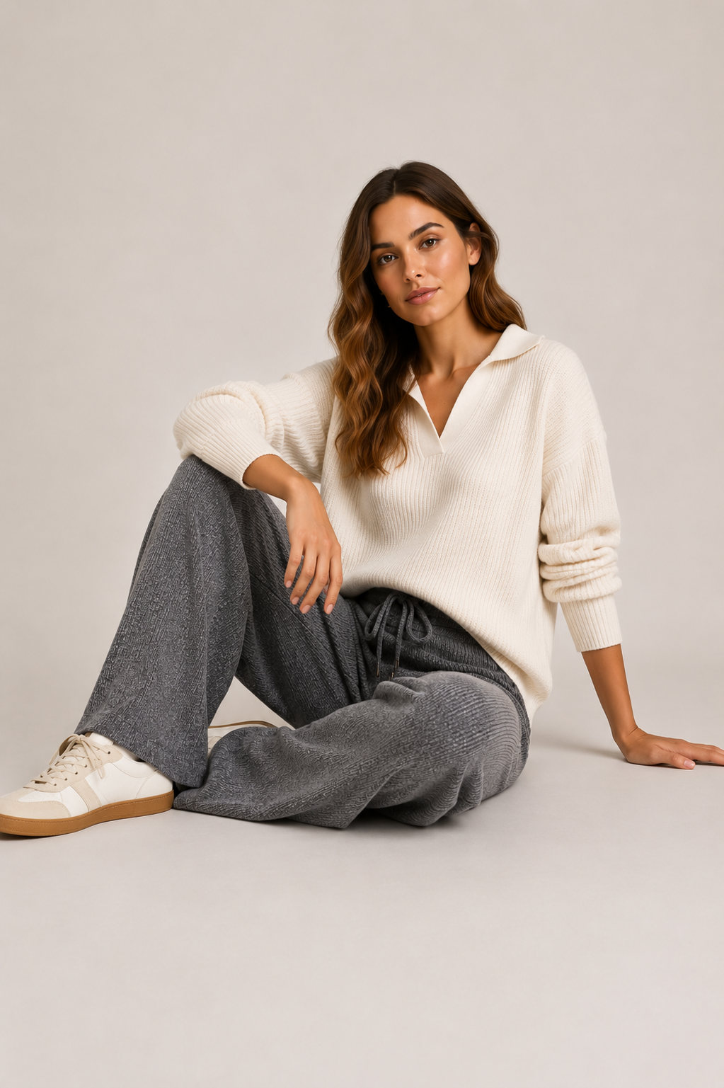 Pantaloni a Gamba Larga in Maglia Costina Grigio Antracite