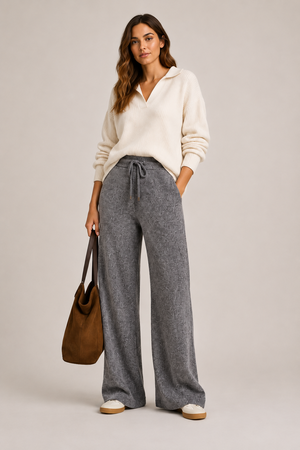 Pantaloni a Gamba Larga in Maglia Costina Grigio Antracite
