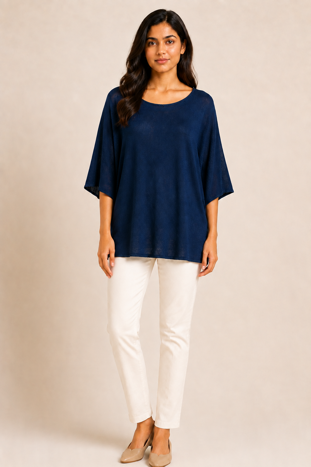 Maglia Oversize Blu Navy con Maniche a Tre Quarti