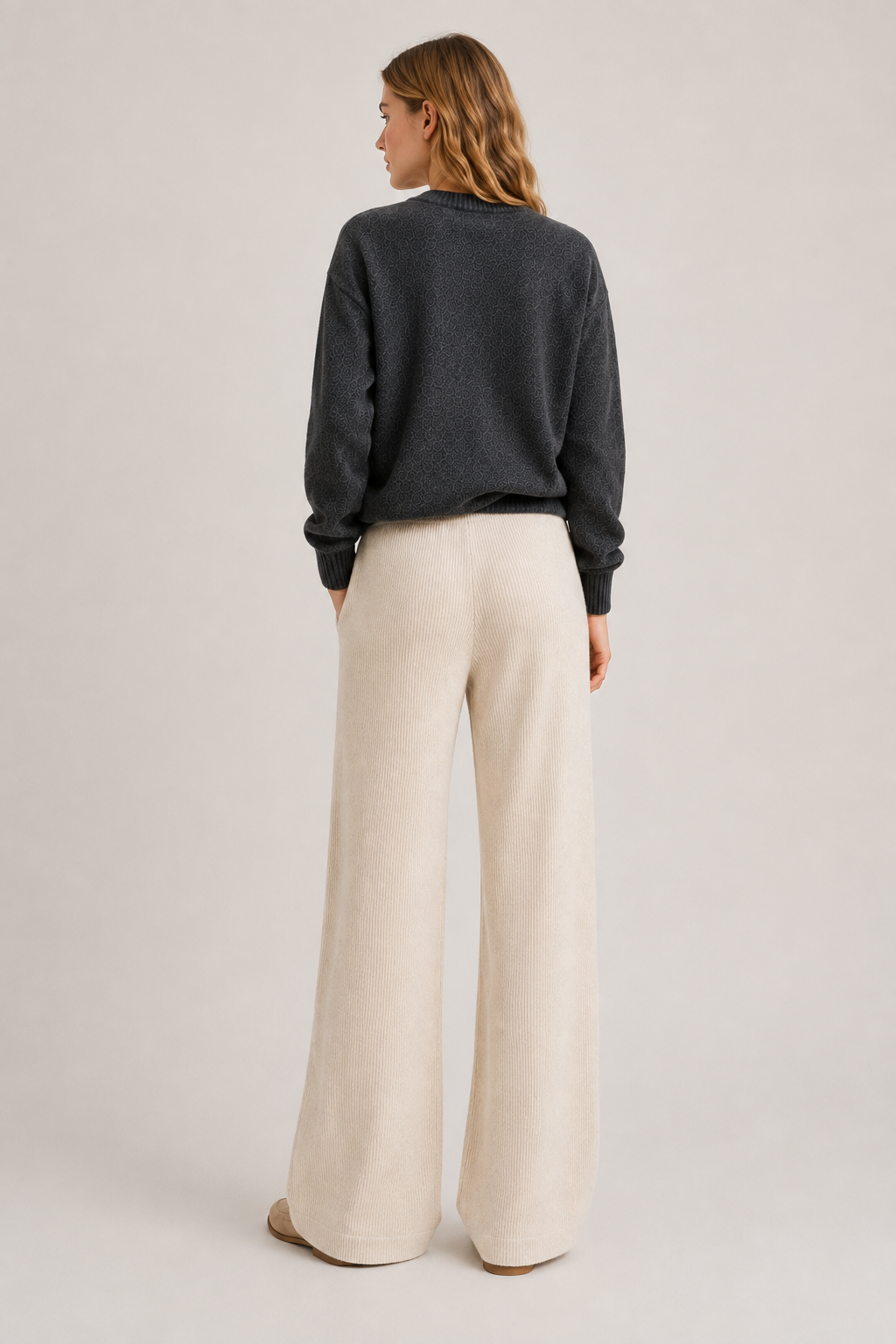 Pantaloni a Gamba Larga in Maglia Costina