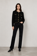 Cardigan Nero con Bottoni Perla e Profili Dorati