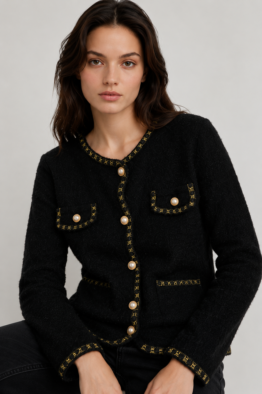 Cardigan Nero con Bottoni Perla e Profili Dorati