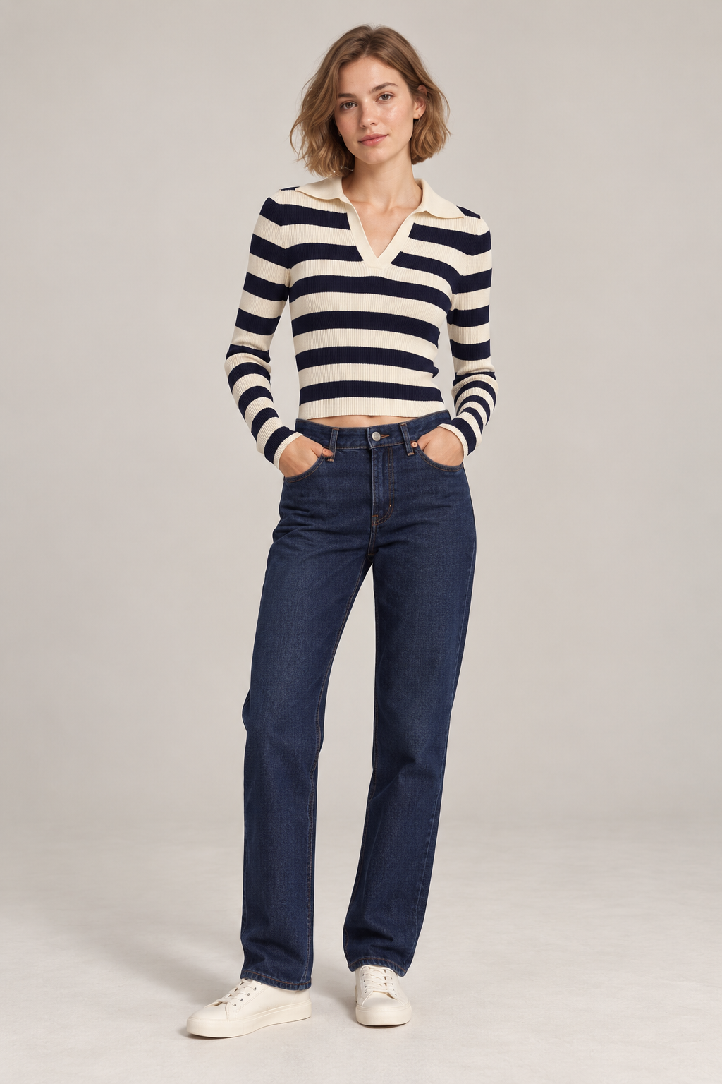 Polo cropped a righe blu navy e panna