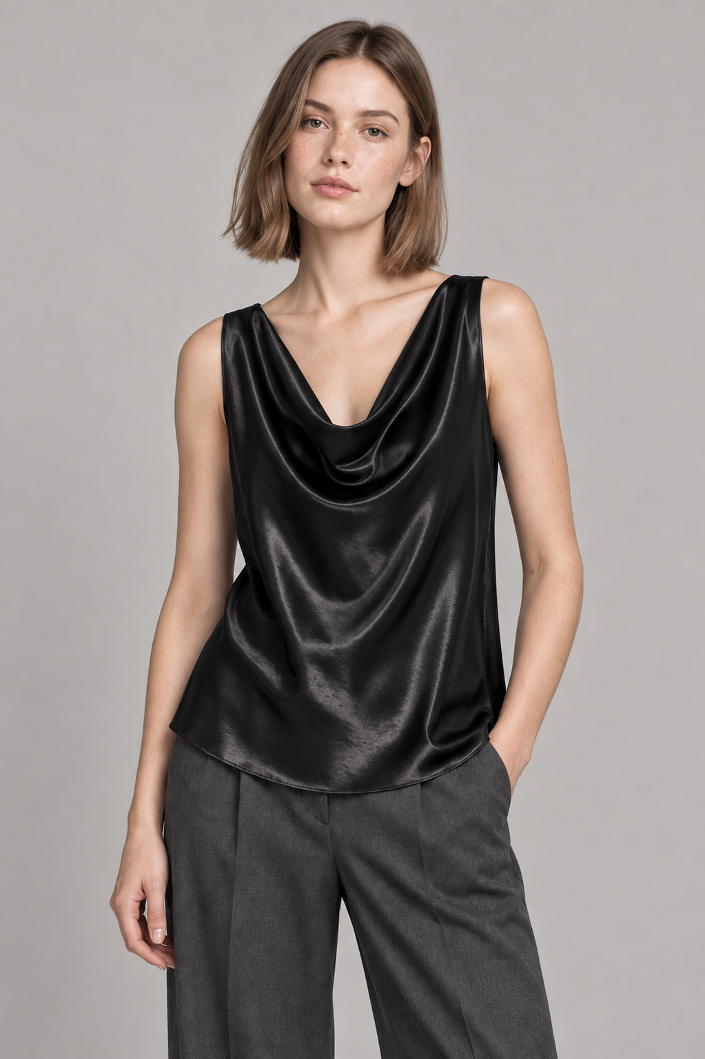 Top nero senza maniche con scollo drappeggiato