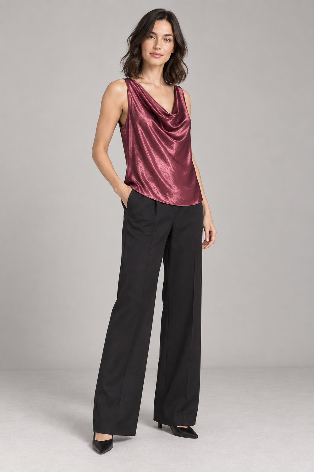 Top bordeaux senza maniche con scollo drappeggiato