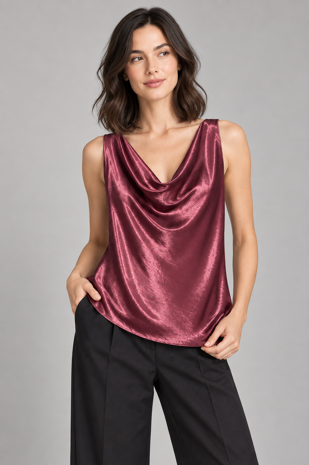 Top bordeaux senza maniche con scollo drappeggiato