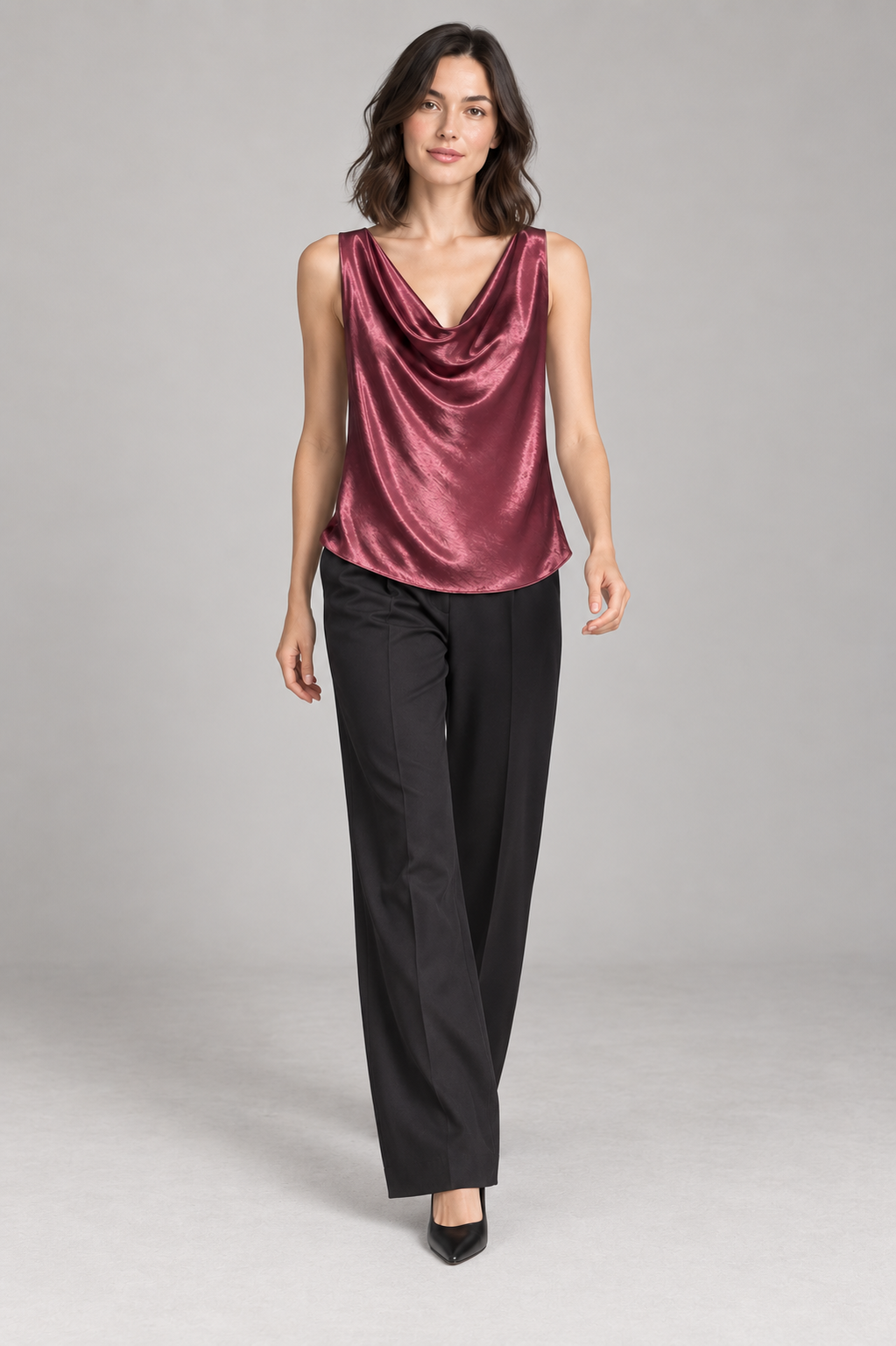 Top bordeaux senza maniche con scollo drappeggiato